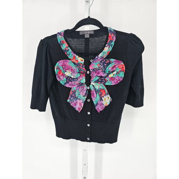 Twenty-One Women's Black Bow-Tie Button-Front Half Sleeve Sweater Top Size S/P - Picture 1 of 6